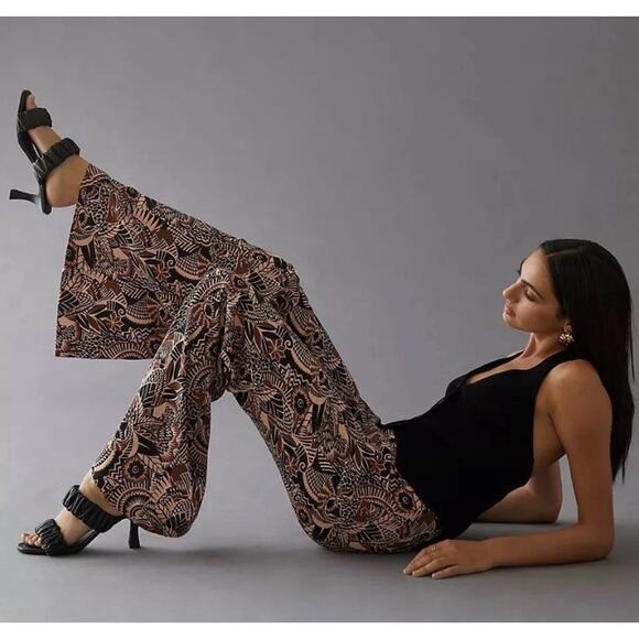 By Anthropologie Drapey Flare Pants Brown Motif Boho Hippie Bell Bottoms 0 NWT - Picture 2 of 9